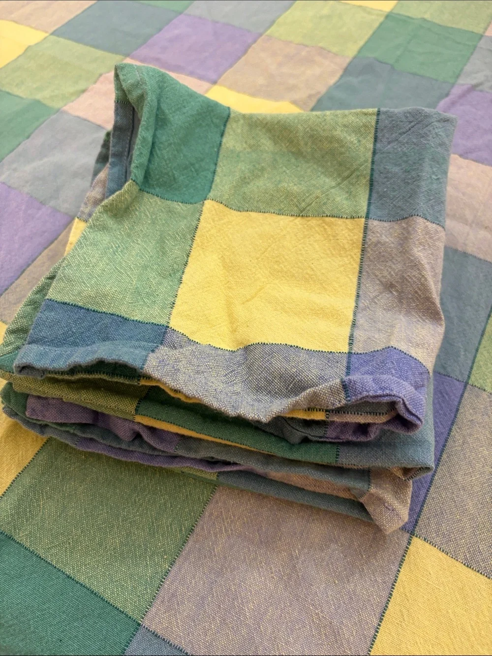 Cotton Plaid Tablecloth and Napkins Set in Pastel Yellow, Green & Blue